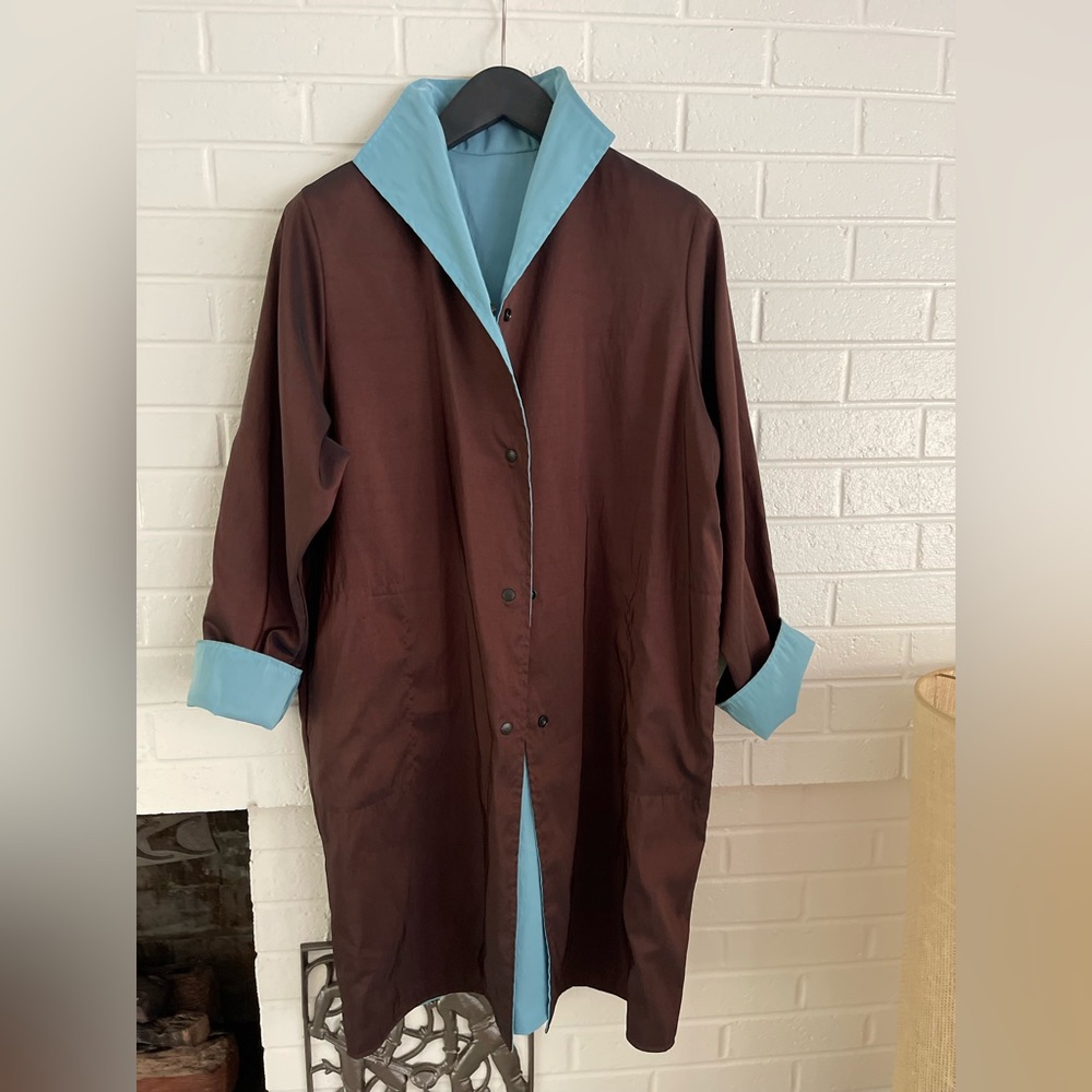 Maralyce Ferree raincoat in a rich brown fully reversible to a beautiful blue.